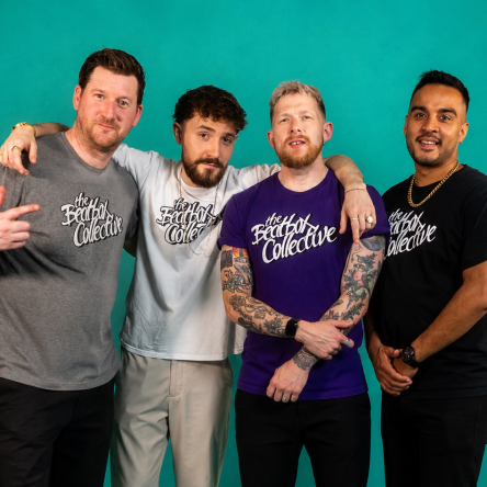 The Beatbox Collective stand on a teal background.